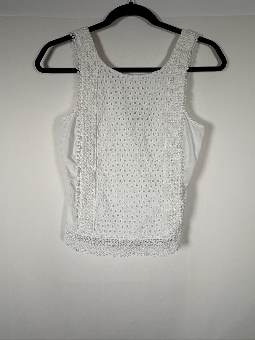 Boho White Eyelet Lace-Trim Fringe Tank Top 100% Cotton Lightweight